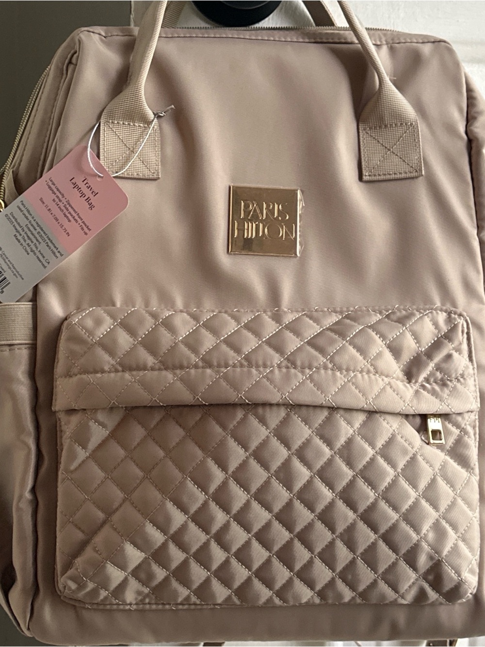 Paris Hilton Quilted Cream Backpack with Gold Logo